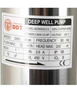 Pachet Pompa submersibila de mare adancime, DDT, 4SDM3-20, 2500 W, 20 turbine, 12 m³/h Inox, 30 m cablu + Presostat electronic inteligent digital reglabil DDT