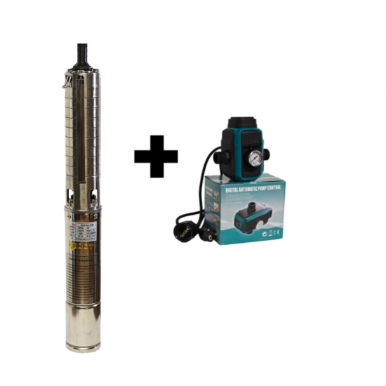 Kit pompa submersibilă de adâncime DDT 4SP5/8 – 1.5 kW, 2 CP, 7 m³/h, 8 turbine inox cu panou de control, rezistenta la nisip + Presostat electronic inteligent digital