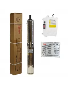 Kit pompa submersibilă de adâncime DDT 4SP5/8 – 1.5 kW, 2 CP, 7 m³/h, 8 turbine inox cu panou de control, rezistenta la nisip + Presostat electronic inteligent digital