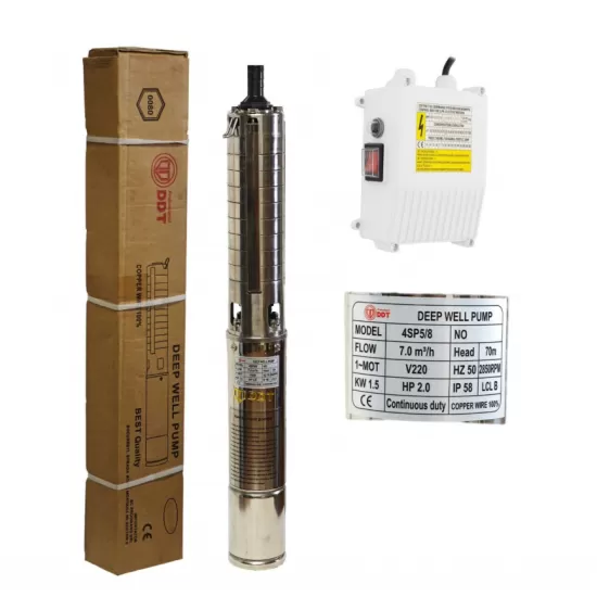 Kit pompa submersibilă de adâncime DDT 4SP5/8 – 1.5 kW, 2 CP, 7 m³/h, 8 turbine inox cu panou de control, rezistenta la nisip + Presostat electronic inteligent digital