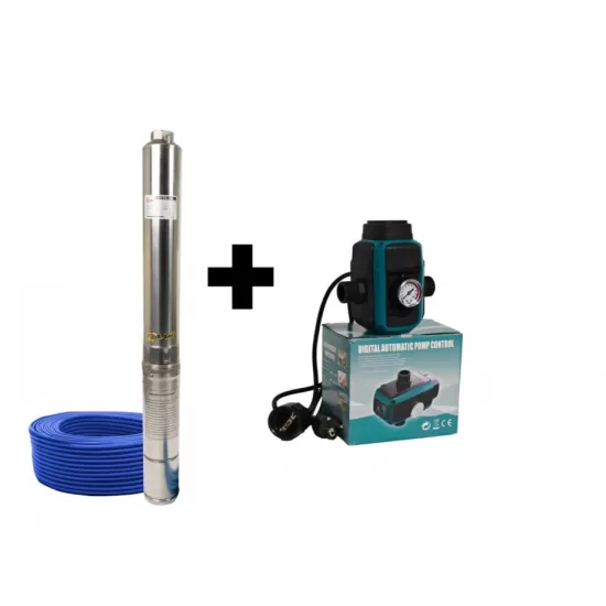 Pachet Pompa submersibila de mare adancime, DDT, 4SDM3-7, 1500 W, 7 m³/h, 7 turbine, Inox, 30 m cablu + Presostat electronic inteligent digital reglabil DDT