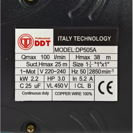 Pompa de suprafata cu ejector DDT- DP505A, 2200W, 2900rpm, adancime maxima de absorbtie 38m, debit 100 l/min