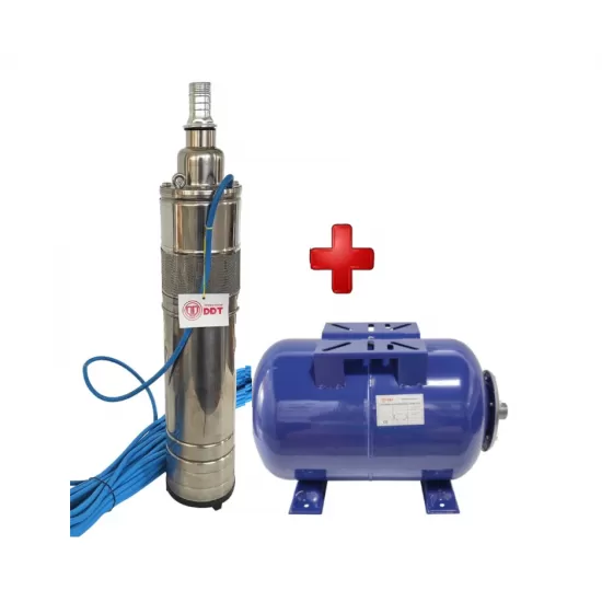 Pachet Pompa submersibila, DDT, QGD120, Inox complet, suruburi inox, sita protectie, 20 m cablu, 120 m, 3 m³/h + Vas de expansiune , Bazin hidrofor DDT , 24 LT , Membrana inclus