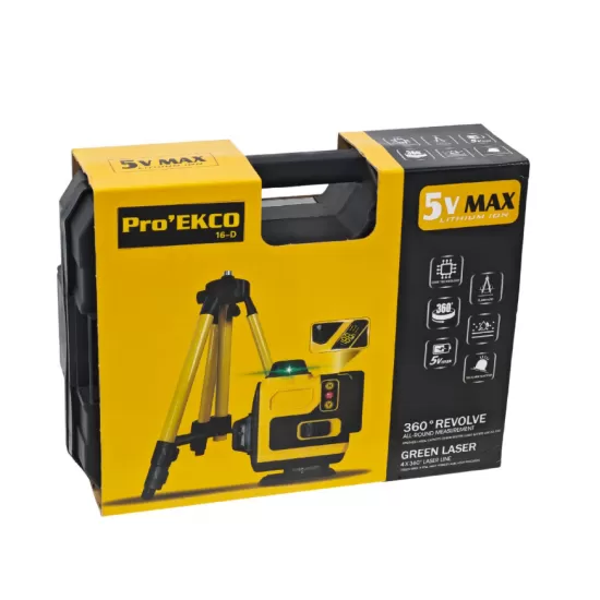 Nivela Laser Verde DDT Pro’EKKO 16-D – 4 x 360°, Kit Complet cu Trepied si Accesorii
