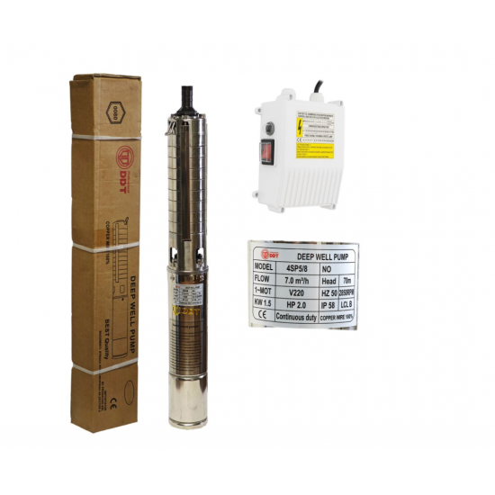 Pompa submersibilă de adâncime DDT 4SP5/8 – 1.5 kW, 2 CP, 7 m³/h, 70 m inaltimea de refulare, 8 turbine inox cu panou de control, rezistenta la nisip