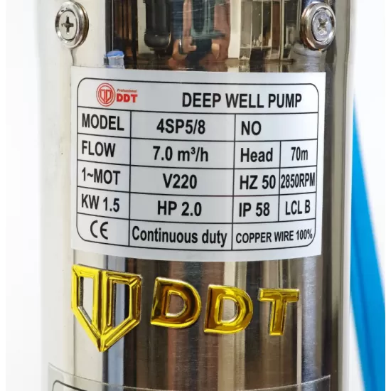 Pompa submersibilă de adâncime DDT 4SP5/8 – 1.5 kW, 2 CP, 7 m³/h, 70 m inaltimea de refulare, 8 turbine inox cu panou de control, rezistenta la nisip
