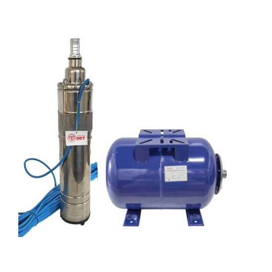 Pachet  Pompa submersibila, DDT, QGD120, Inox complet, suruburi inox, sita protectie, 20 m cablu, 120 m, 3 m³/h + Vas de expansiune , Bazin hidrofor DDT , 50 LT , Membrana inclus