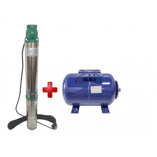 Pachet Pompa submersibila de mare adancime, DDT, QJD120-1.5, 1500 W, Inox, 8 turbine + Vas de expansiune , Bazin hidrofor DDT , 24 LT , Membrana inclus