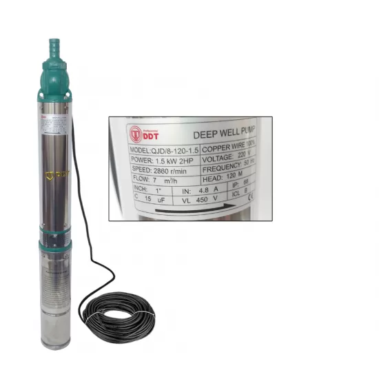 Pachet Pompa submersibila de mare adancime, DDT, QJD120-1.5, 1500 W, Inox, 8 turbine + Vas de expansiune , Bazin hidrofor DDT , 24 LT , Membrana inclus