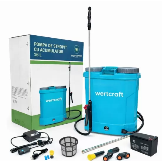 Pompa de stropit WertCraft 16L cu acumulator, duze si regulator de presiune inclus, 8 ah, 2.6l/min, 5.5 bar