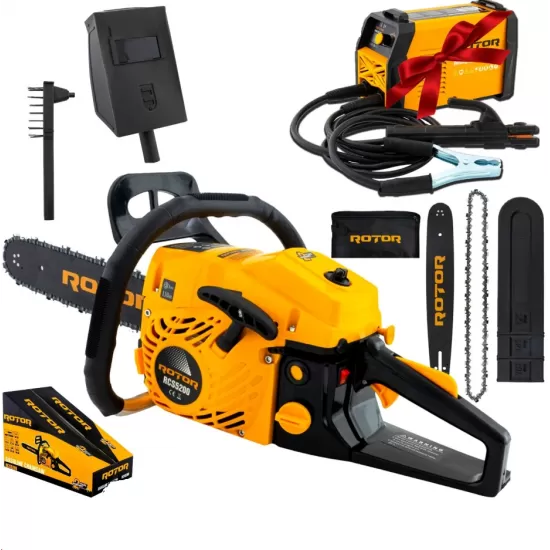 Pachet Drujba pe Benzina 4CP Rotor, 10500 rpm, Ungere Lant Automata + Aparat de Sudura Rotor 200A, cu afisaj digital si functie anti-lipire.