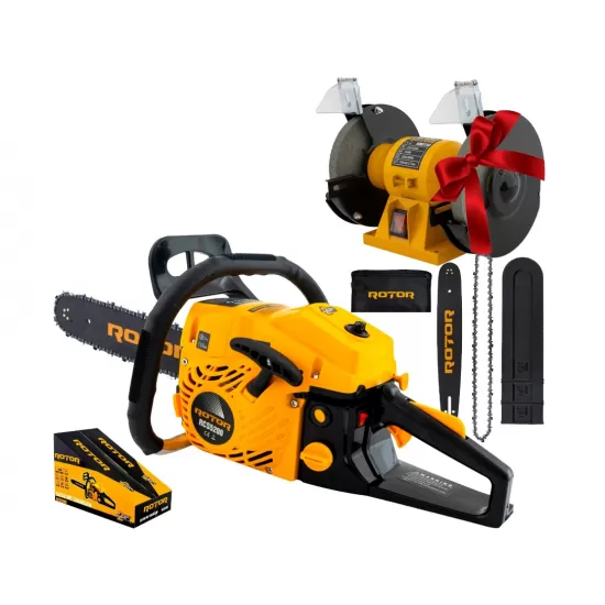 Pachet Drujba pe Benzina 4CP Rotor, 10500 rpm, Ungere Lant Automata + Polizor de banc Rotor RMD150