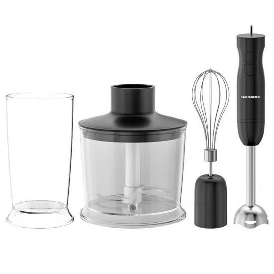 Blender 3 in 1 HAUSBERG HB-7701NG, 500W, 2 viteze, Material ABS, lame din inox, Capacitate pahar 700ml, tocator 500ml, Negru