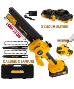  Mini Drujba de mana cu 2 acumulatori, 2 x lama de 24cm, 2 xlanturi si SISTEM DE UNGERE lant, 21V/2Ah, geanta de transport inclusa