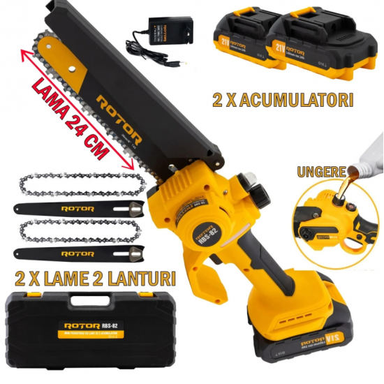 Mini Drujba de mana cu 2 acumulatori, 2 x lama de 24cm, 2 xlanturi si SISTEM DE UNGERE lant, 21V/2Ah, geanta de transport inclusa