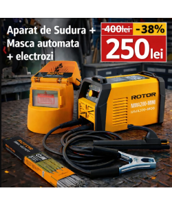  Pachet  Aparat de sudura LCD Color ROTOR MMA200-MINI, 200 A + Masca de Sudura Automata + Electrozi