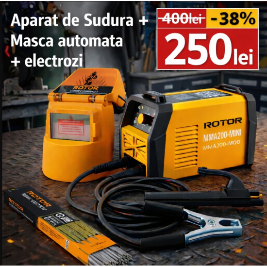 Pachet  Aparat de sudura LCD Color ROTOR MMA200-MINI, 200 A + Masca de Sudura Automata + Electrozi