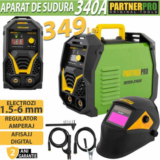 Pachet Aparat de Sudura Invertor cu afisaj color, 1.6-5mm, PARTNER MMA-340A + Masca Automata