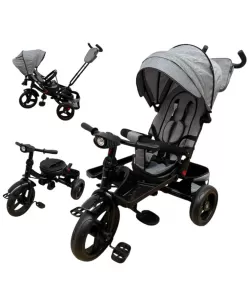 TRICICLETA EVA CU POZITIE DE SOMN, SCAUN REVERSIBIL, FAR CU LUMINI SI MUZICA, GRI