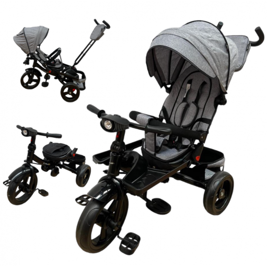 TRICICLETA EVA CU POZITIE DE SOMN, SCAUN REVERSIBIL, FAR CU LUMINI SI MUZICA, GRI