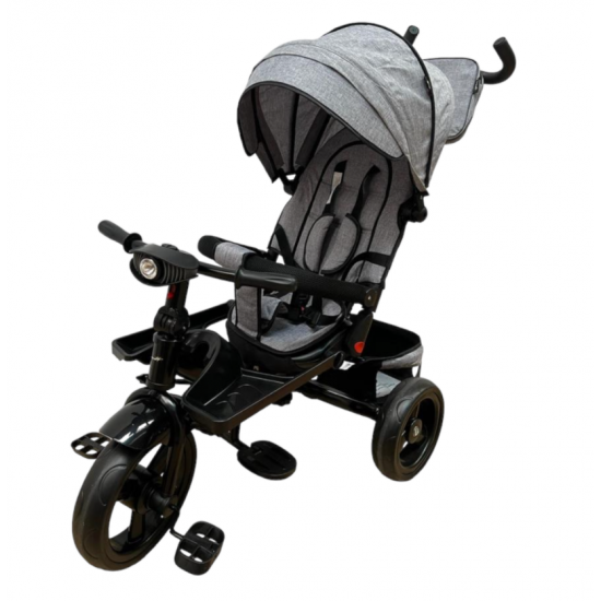 TRICICLETA EVA CU POZITIE DE SOMN, SCAUN REVERSIBIL, FAR CU LUMINI SI MUZICA, GRI