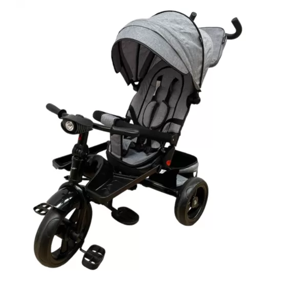 TRICICLETA EVA CU POZITIE DE SOMN, SCAUN REVERSIBIL, FAR CU LUMINI SI MUZICA, GRI