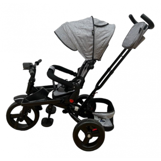 TRICICLETA EVA CU POZITIE DE SOMN, SCAUN REVERSIBIL, FAR CU LUMINI SI MUZICA, GRI
