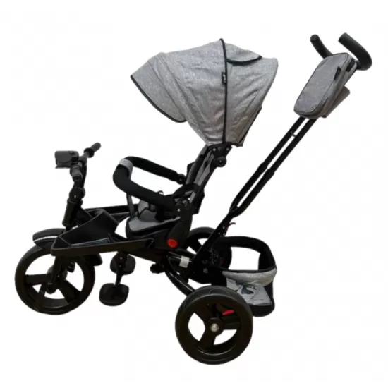 TRICICLETA EVA CU POZITIE DE SOMN, SCAUN REVERSIBIL, FAR CU LUMINI SI MUZICA, GRI