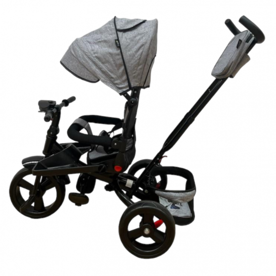 TRICICLETA EVA CU POZITIE DE SOMN, SCAUN REVERSIBIL, FAR CU LUMINI SI MUZICA, GRI