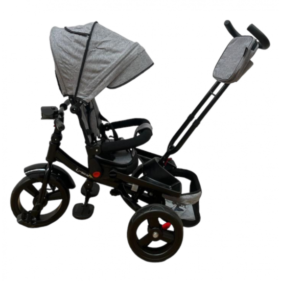 TRICICLETA EVA CU POZITIE DE SOMN, SCAUN REVERSIBIL, FAR CU LUMINI SI MUZICA, GRI