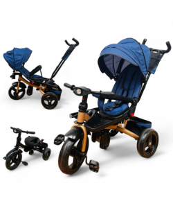 TRICICLETA COPII EVA PLUS CU POZITIE DE SOMN, SCAUN REVERSIBIL, FAR CU LUMINI SI MUZICA ALBASTRU GOLD