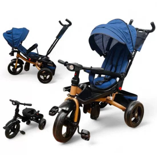 TRICICLETA COPII EVA PLUS CU POZITIE DE SOMN, SCAUN REVERSIBIL, FAR CU LUMINI SI MUZICA ALBASTRU GOLD