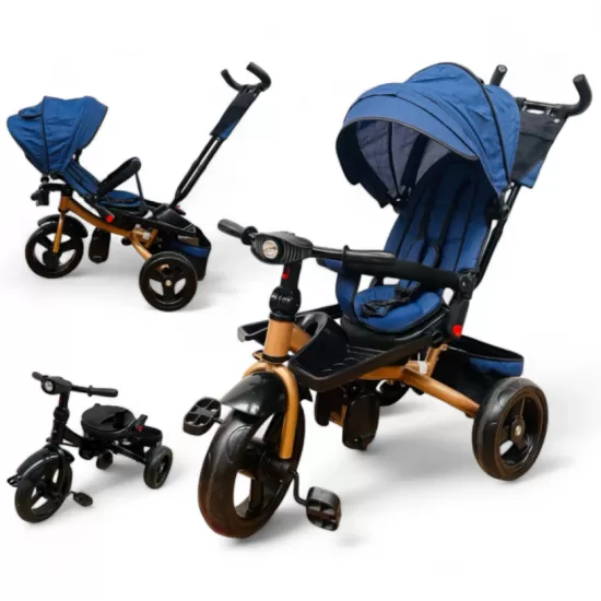 TRICICLETA COPII EVA PLUS CU POZITIE DE SOMN, SCAUN REVERSIBIL, FAR CU LUMINI SI MUZICA ALBASTRU GOLD