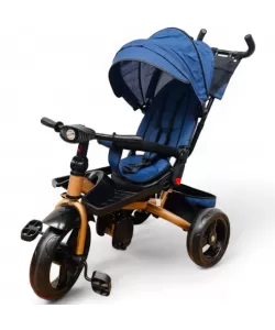 TRICICLETA COPII EVA PLUS CU POZITIE DE SOMN, SCAUN REVERSIBIL, FAR CU LUMINI SI MUZICA ALBASTRU GOLD