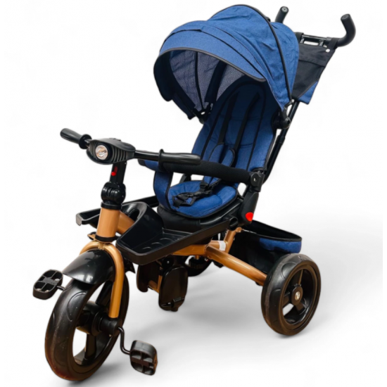 TRICICLETA COPII EVA PLUS CU POZITIE DE SOMN, SCAUN REVERSIBIL, FAR CU LUMINI SI MUZICA ALBASTRU GOLD