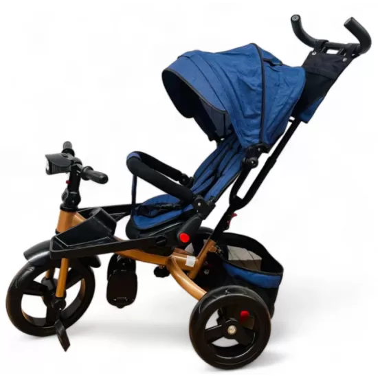 TRICICLETA COPII EVA PLUS CU POZITIE DE SOMN, SCAUN REVERSIBIL, FAR CU LUMINI SI MUZICA ALBASTRU GOLD