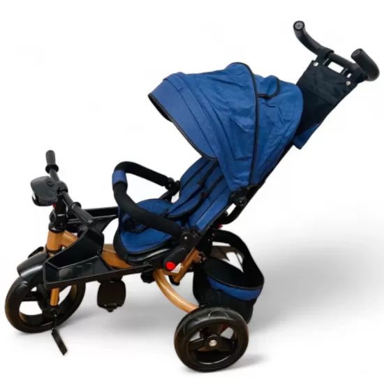 TRICICLETA COPII EVA PLUS CU POZITIE DE SOMN, SCAUN REVERSIBIL, FAR CU LUMINI SI MUZICA ALBASTRU GOLD