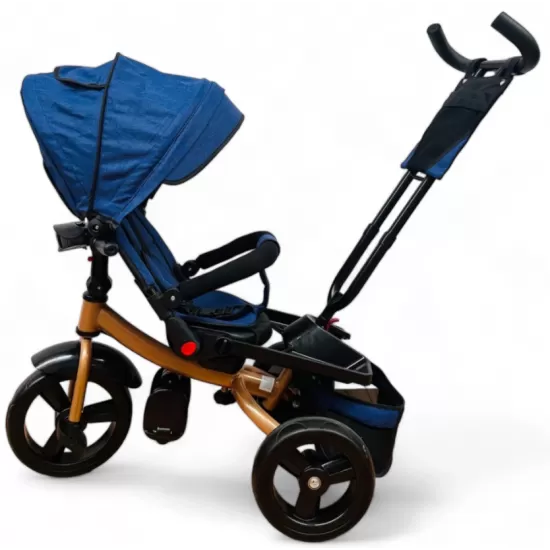 TRICICLETA COPII EVA PLUS CU POZITIE DE SOMN, SCAUN REVERSIBIL, FAR CU LUMINI SI MUZICA ALBASTRU GOLD