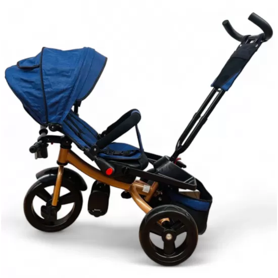 TRICICLETA COPII EVA PLUS CU POZITIE DE SOMN, SCAUN REVERSIBIL, FAR CU LUMINI SI MUZICA ALBASTRU GOLD