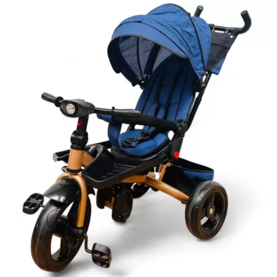 TRICICLETA COPII EVA PLUS CU POZITIE DE SOMN, SCAUN REVERSIBIL, FAR CU LUMINI SI MUZICA ALBASTRU GOLD