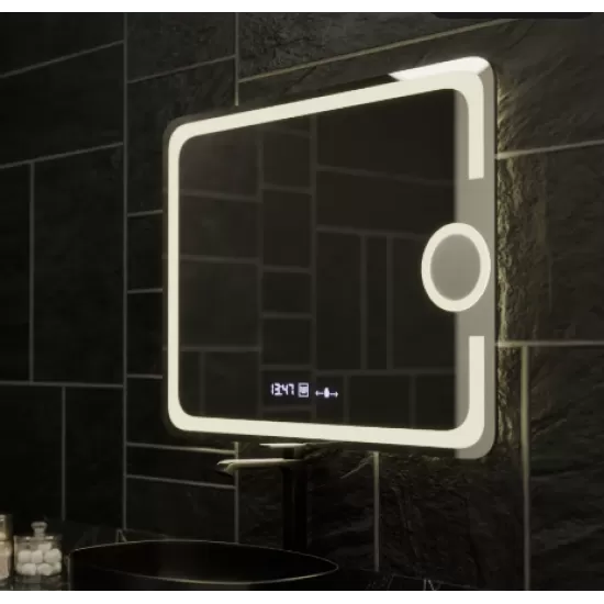 Oglinda LED Rectangulara, 80x60cm, Eclat MotionGlow Marcello, Sistem Dezaburire, Ceas & Termometru, Lupa Cosmetica, Dimabila
