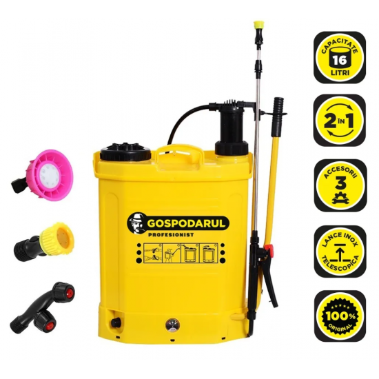 Pompa de stropit Gospodarul Profesionist 16L - 2 in 1 (cu baterie + actionare manuala), 3 duze incluse