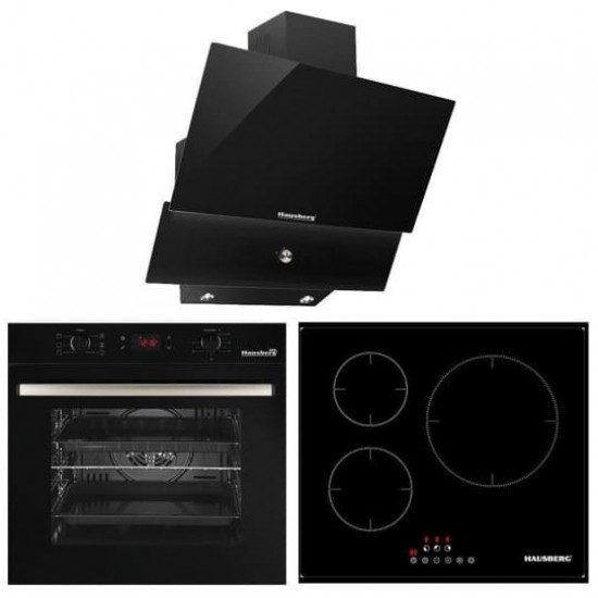 Pachet incorporabil Cuptor electric Hausberg HB-8054NG, Clasa A, volum 71L, ventilatie, Plita Hausberg HB1530, Electrica cu Inductie, putere 6000W, 3 zone de gatit, PowerBoost, 60 cm, Hota decorativa Hausberg HB-2285NG, 60 cm, Filtru aluminiu, Negru