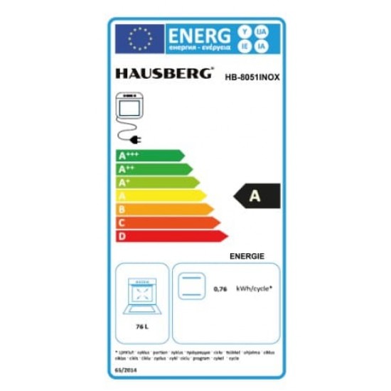 Cuptor incorporabil Hausberg HB-8051IN, Electric, Putere 2000 W, 76 l, 4 Functii, Clasa A, Negru/Inox