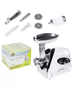 Masina de tocat carne Micul Fermier 1200w,90kg/h,Accesorii rosii, carnati, chiftele, 3 site, functia revers, motor cupru