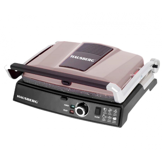 Grill electric Hausberg HB633GO, 2000-2200 W, placi antiaderente, suprafata de gatire 30x24.5 cm, termostat - Rose Gold