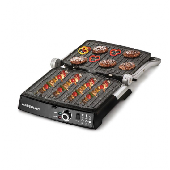 Grill electric Hausberg HB633RS, 2000-2200 W, placi antiaderente, suprafata de gatire 30x24.5 cm, termostat - Rosu