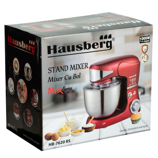 Mixer planetar cu bol din inox Hausberg HB-7620, 1000 W, 6 trepte, 5 L - Rosu