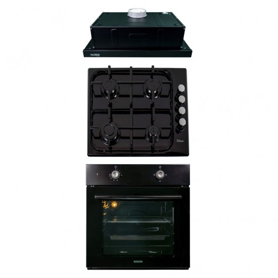 Pachet Cuptor incorporabil 1857, capacitate 51L, Electric, Negru, Plita incorporabila Email 0041, 60X50X15 cm, Gaz butelie sau gaz natural, duze de schimb incluse, Hota 1 motor, putere 140W 1895, 60X50 cm