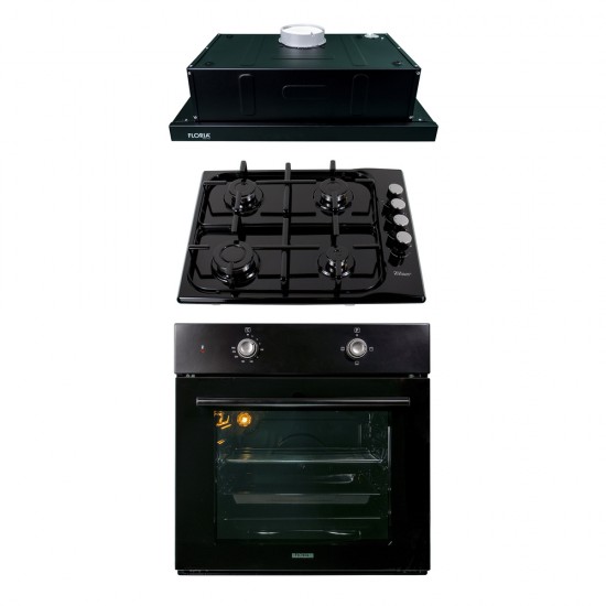 Pachet Cuptor incorporabil 1857, capacitate 51L , Electric, Negru, Plita incorporabila Email 0034, 60x50x15cm, Gaz butelie sau gaz natural duze de schimb incluse, Hota 1 motor, putere 140W, 1895, 60X50 cm